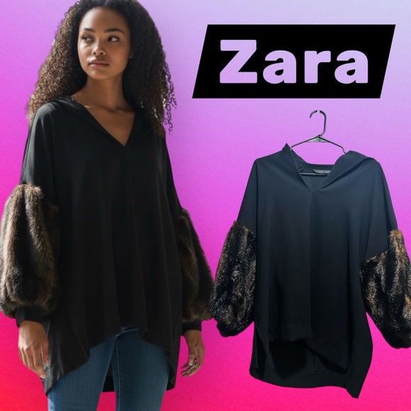 Zara Tops - Vintage style Zara Black V-Neck Tunic with Faux-Fur Brown Balloon Sleeves
